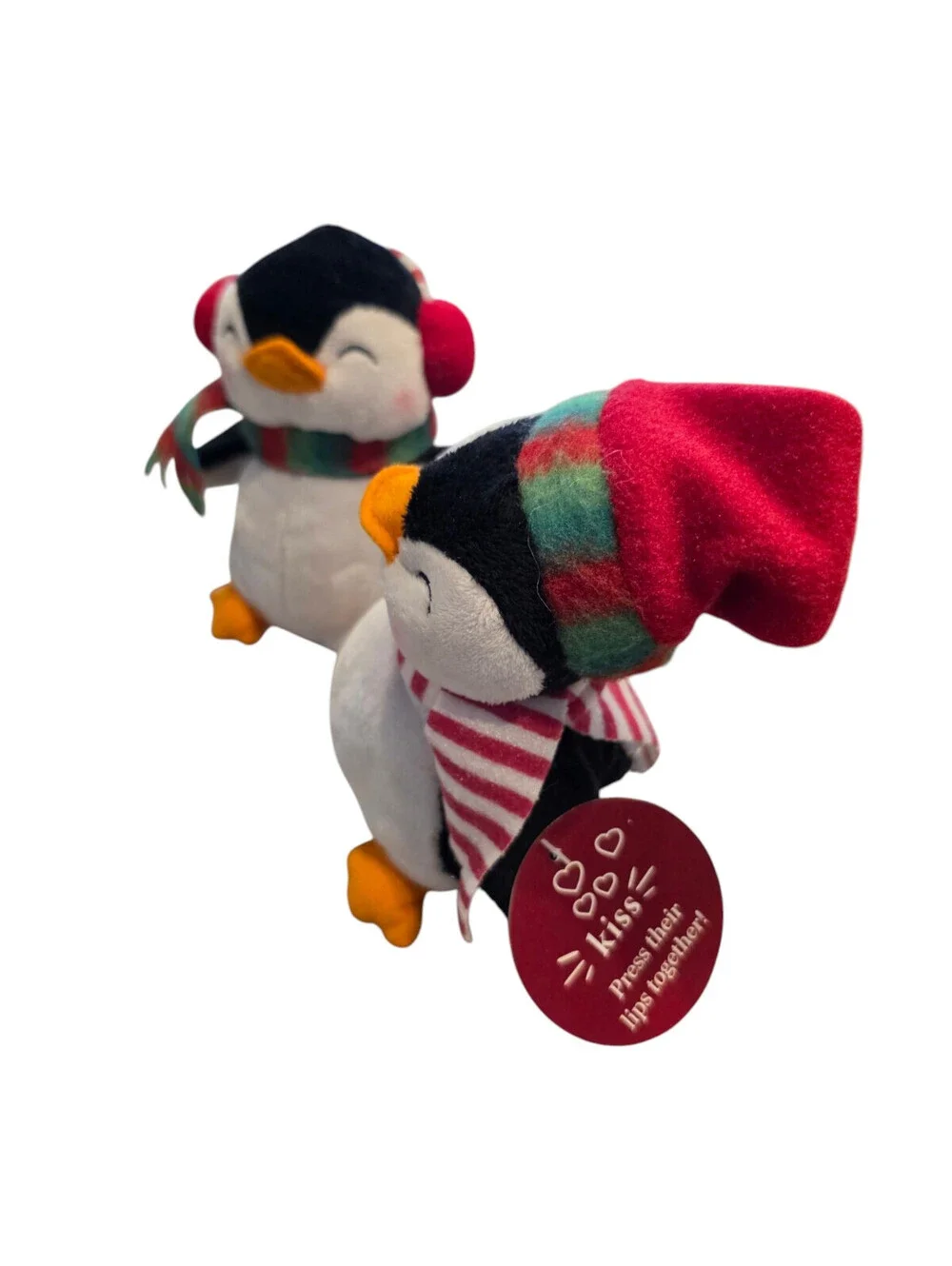 Vintage Plush Penguin Pair of Kissing Stuffed Animals Makes Noise Christmas NEW